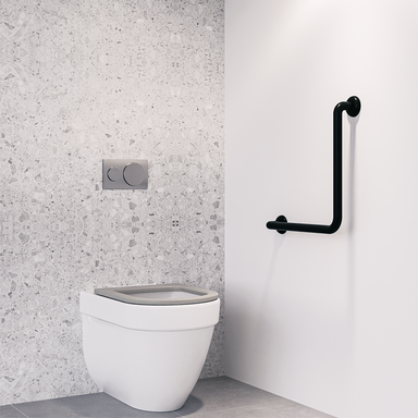 Commercial bathroom with Metlam Designer Black 90° grab rail mounted next to toilet for ambulant access