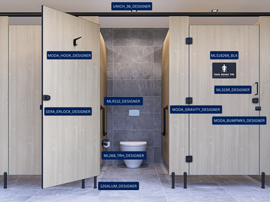 Complete Ambulant Toilet Cubicle Package in Designer Black – full hardware set with grab rail, signage and head rail