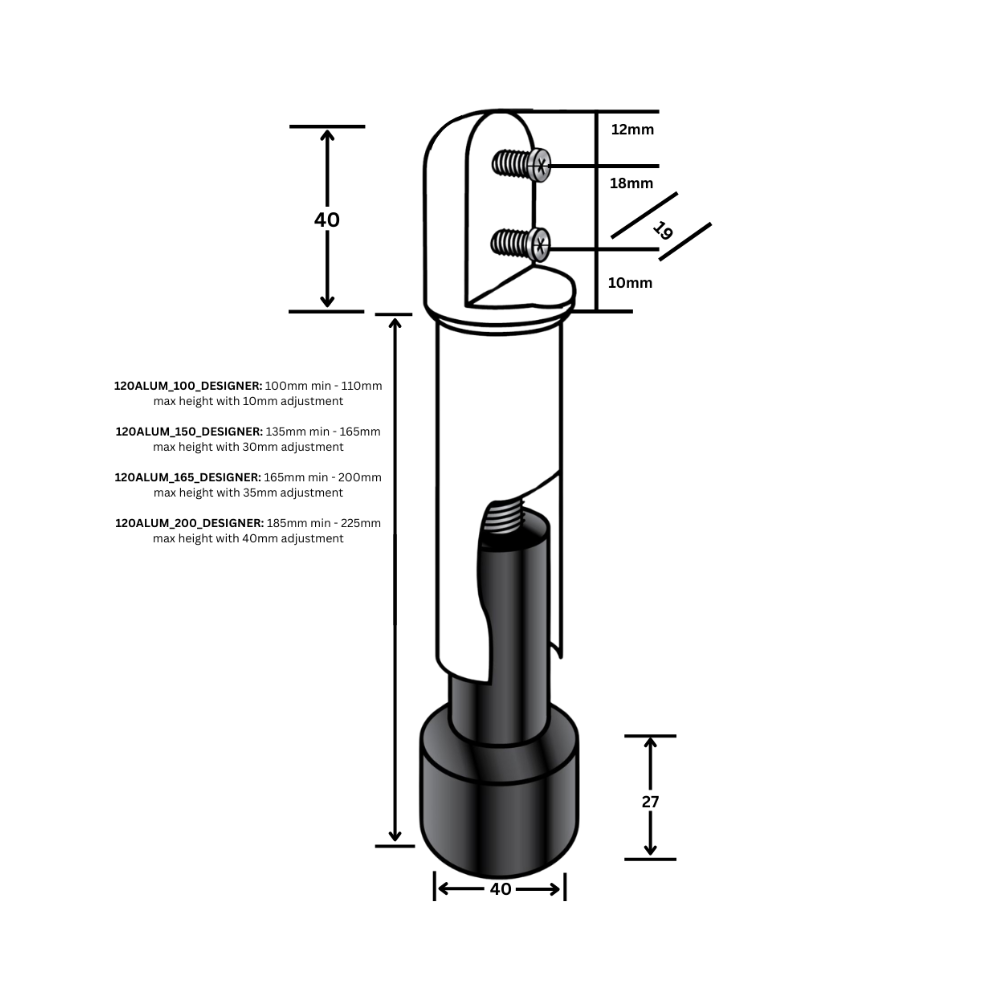 Line diagram showing base, adjustment range, and fixing points for Metlam Designer Black 120-series cubicle leg