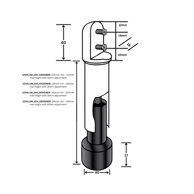 Line diagram showing base, adjustment range, and fixing points for Metlam Designer Black 120-series cubicle leg