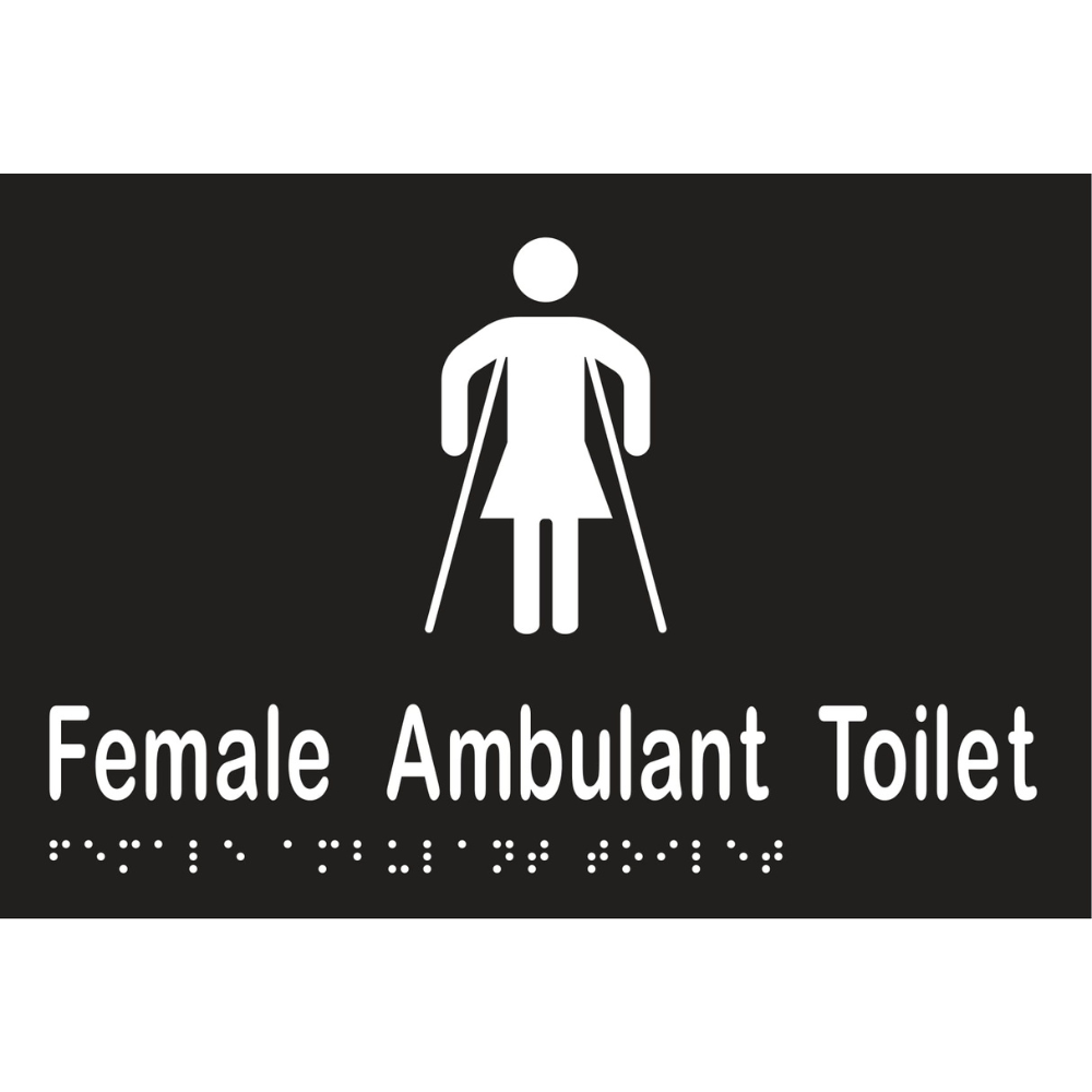 Metlam MLS16266_BLK female ambulant toilet sign in Designer Black vinyl – 220×150 mm acrylic with white braille & icon
