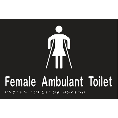 Metlam MLS16266_BLK female ambulant toilet sign in Designer Black vinyl – 220×150 mm acrylic with white braille & icon