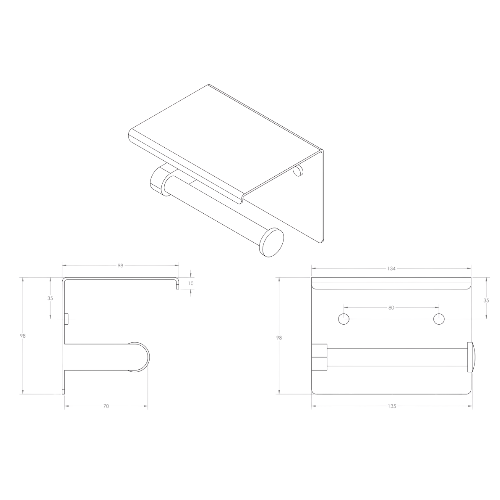 Metlam ML268_TRH_DESIGNER single toilet roll holder with shelf top in Designer Black – stainless steel, accessible hardware spec