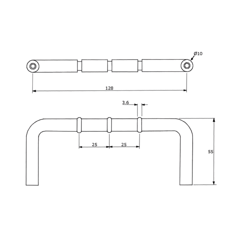 Technical drawing of Metlam ML315R_DESIGNER – 128mm D-Pull Handle with dimensions, tube diameter, and projection