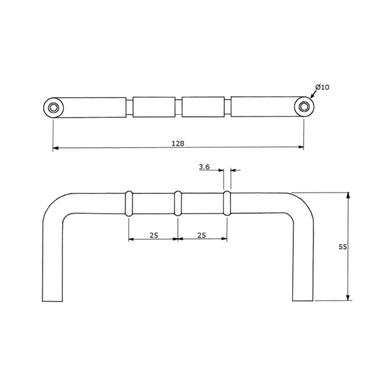 Technical drawing of Metlam ML315R_DESIGNER – 128mm D-Pull Handle with dimensions, tube diameter, and projection