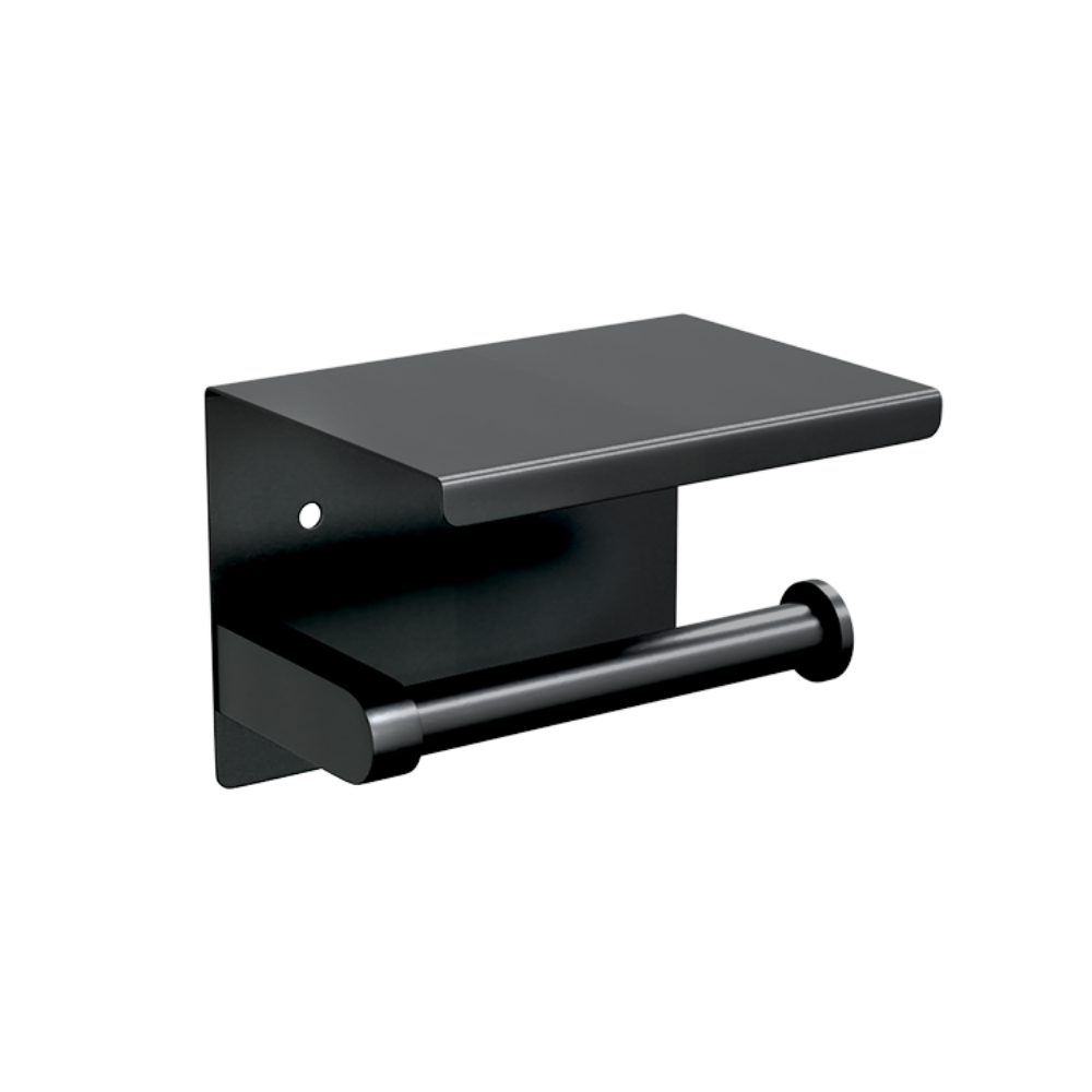 Metlam ML268_TRH_DESIGNER single toilet roll holder with shelf top in Designer Black – stainless steel, accessible hardware