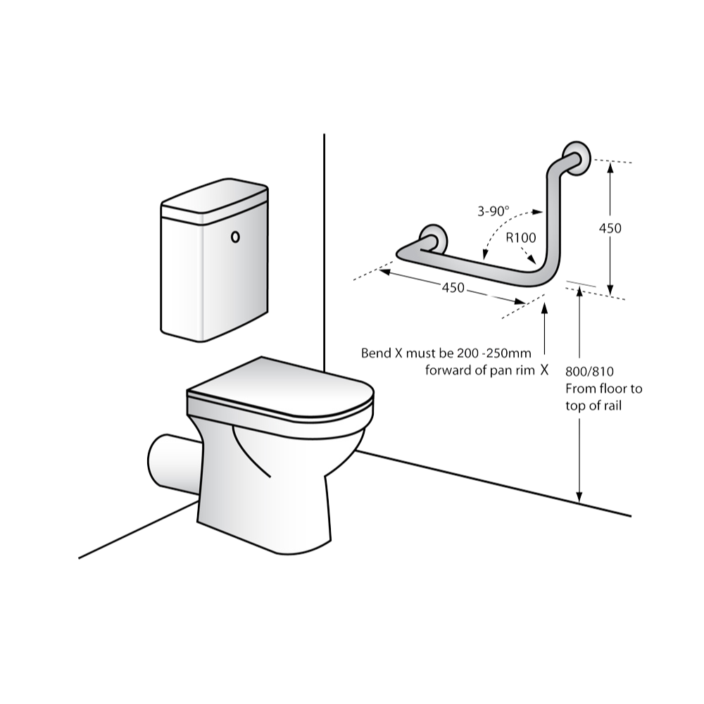 Line drawing showing side elevation and standoff distance of Metlam MLR112_DESIGNER Ambulant Grab Rail