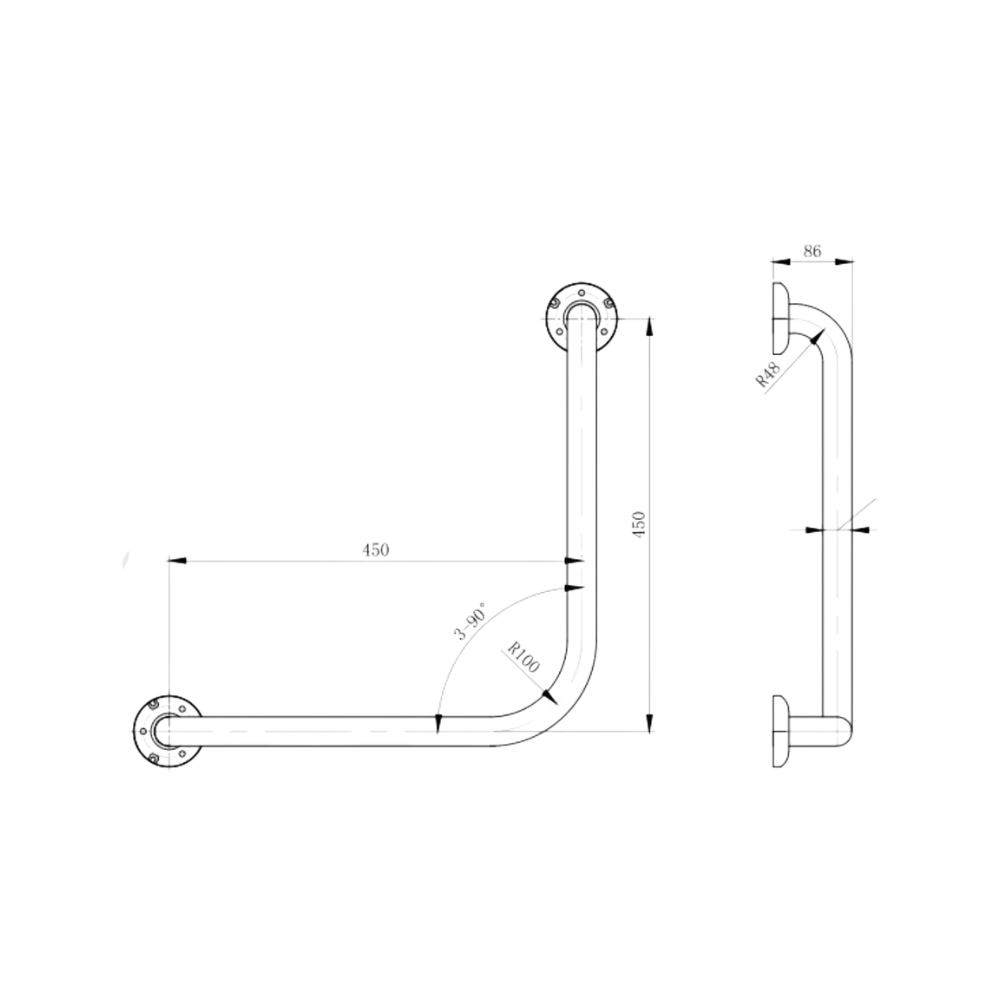 Technical drawing of Metlam MLR112_DESIGNER – 90° grab rail with mounting dimensions and 450 mm x 450 mm layout