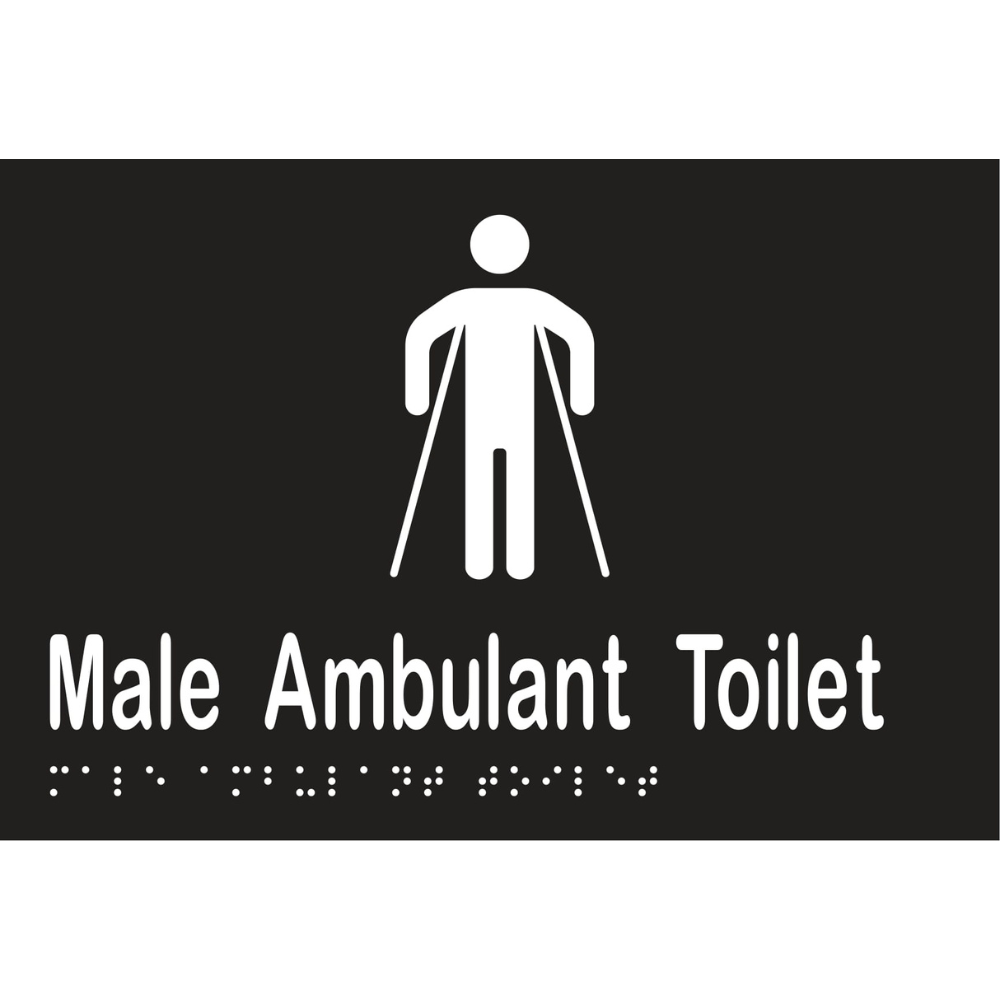 Metlam MLS16246_BLK male ambulant toilet sign in Designer Black vinyl – 150×220 mm acrylic with white braille and icon