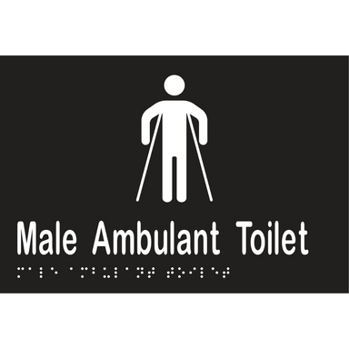 Metlam MLS16246_BLK male ambulant toilet sign in Designer Black vinyl – 150×220 mm acrylic with white braille and icon