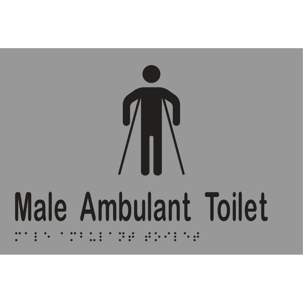 Metlam MLS16246_SIL male ambulant toilet sign in Silver vinyl – 150×220 mm acrylic with white braille and icon