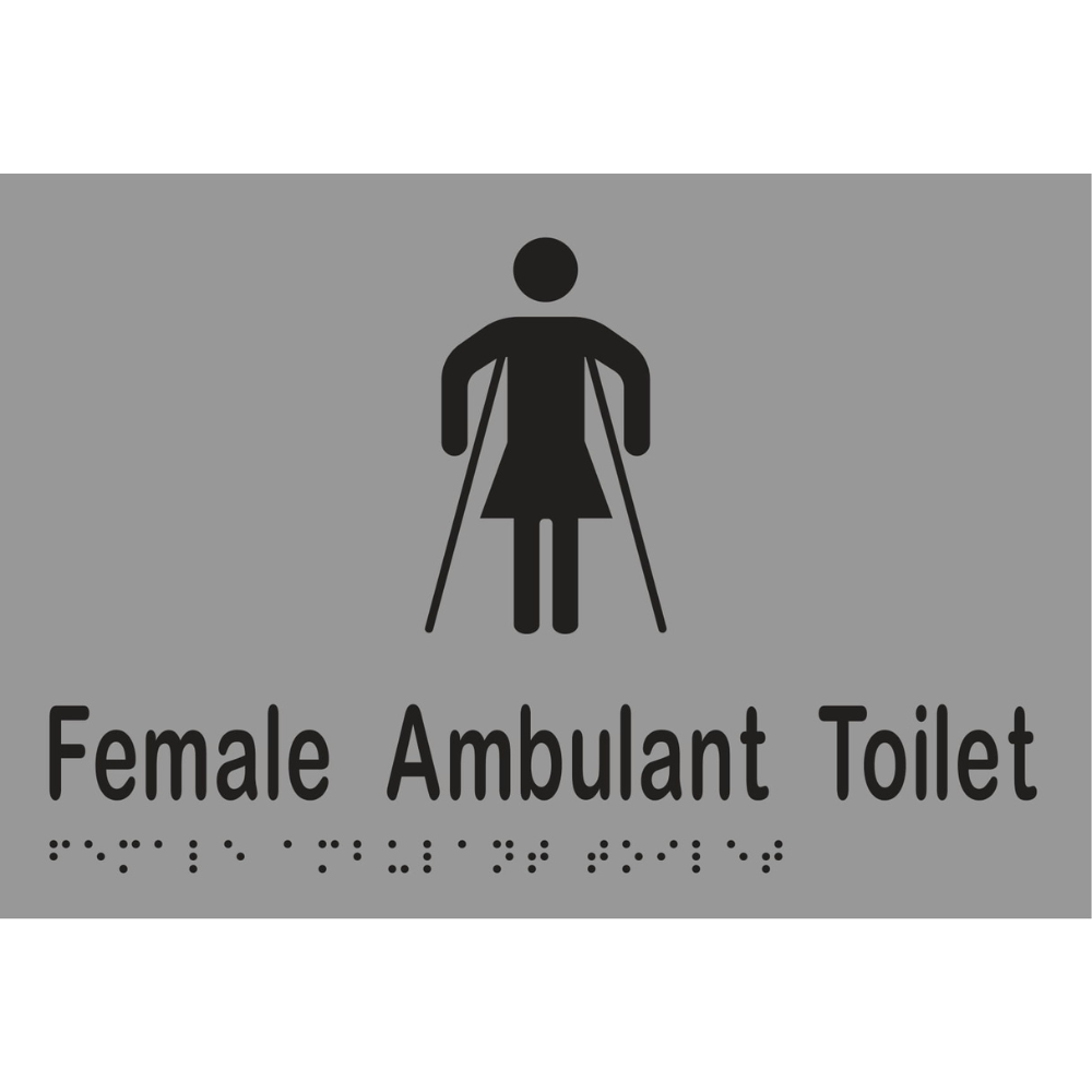 Metlam MLS16266_SIL female ambulant toilet sign in Silver vinyl – 220×150 mm acrylic with white braille & icon