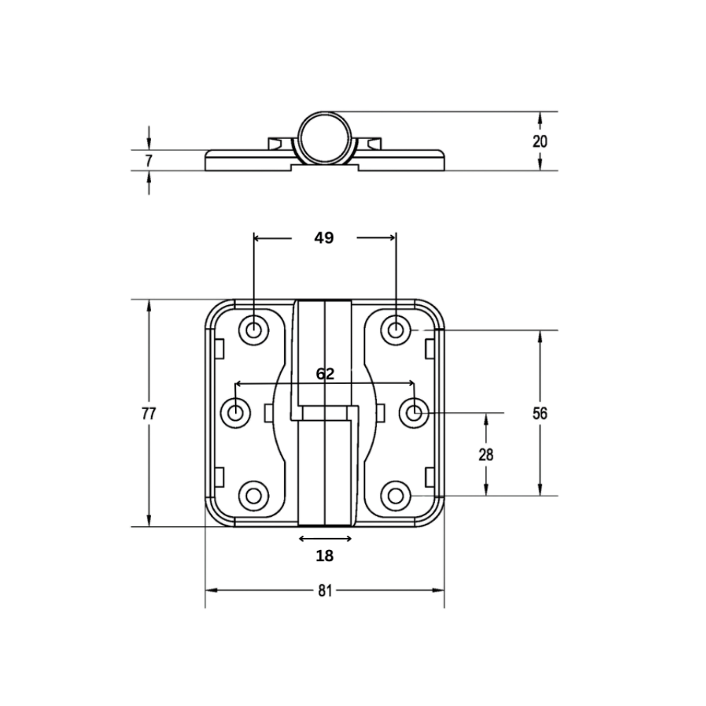 Line diagram of gravity hinge with lift-off clearance and bolt-through fixing details