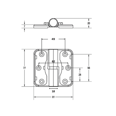 Line diagram of gravity hinge with lift-off clearance and bolt-through fixing details